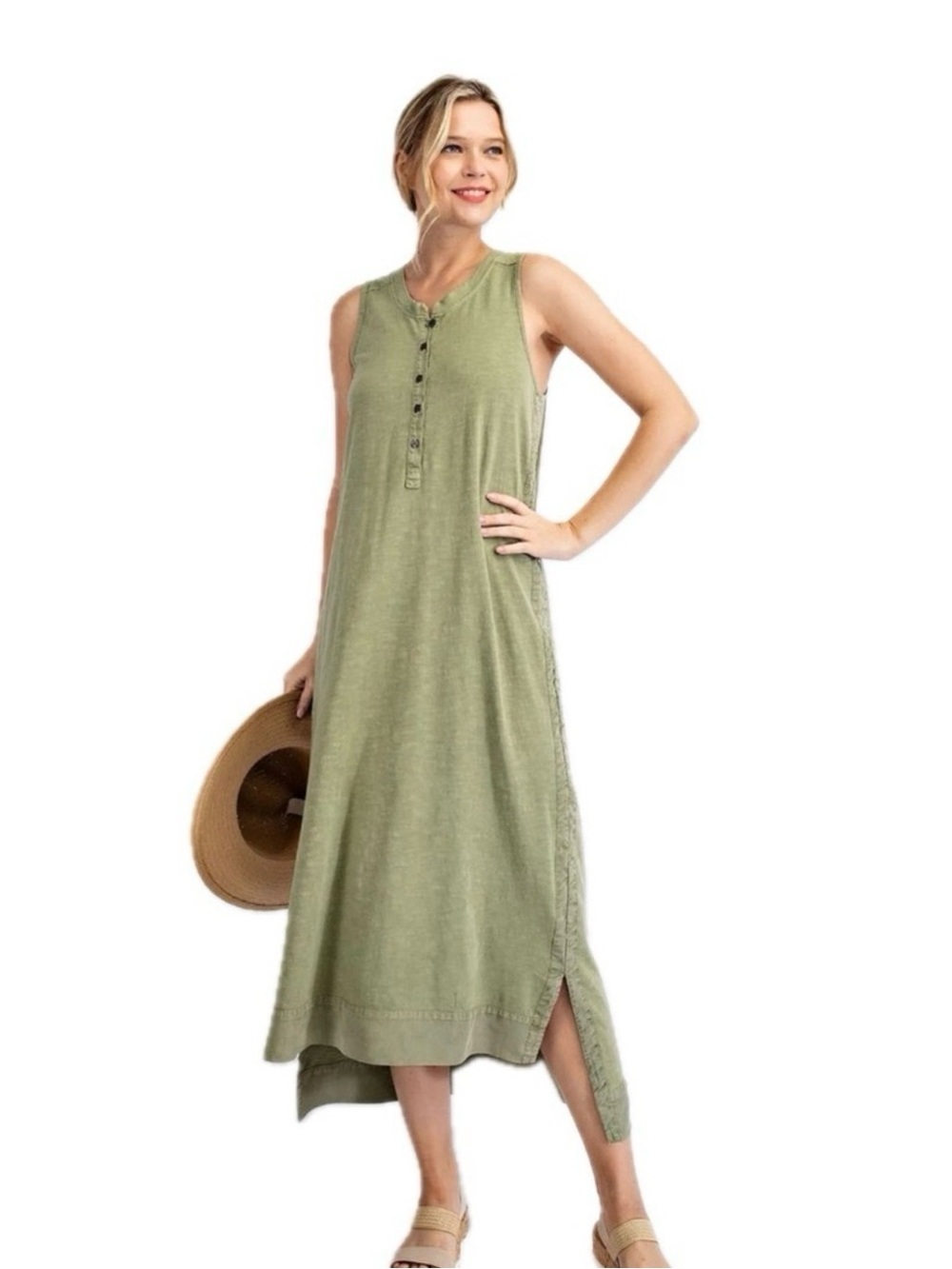 Sleeveless Sage Green Henley Midi Dress Casual Loungewear, size 1X